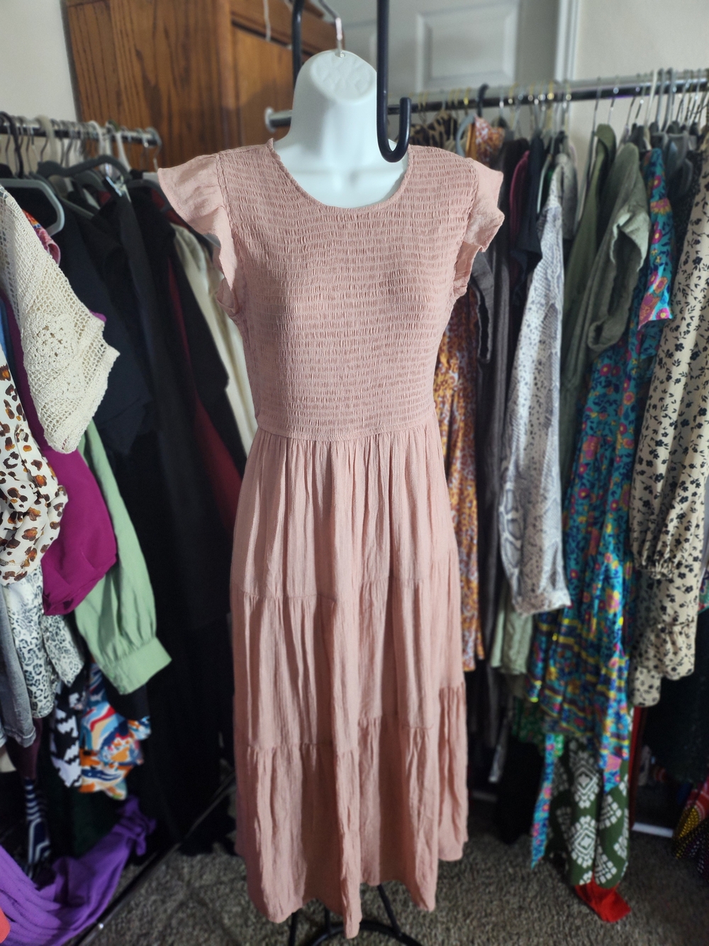 Blu Pepper Blush Pink Smocked Flutter-Sleeve Maxi Dress